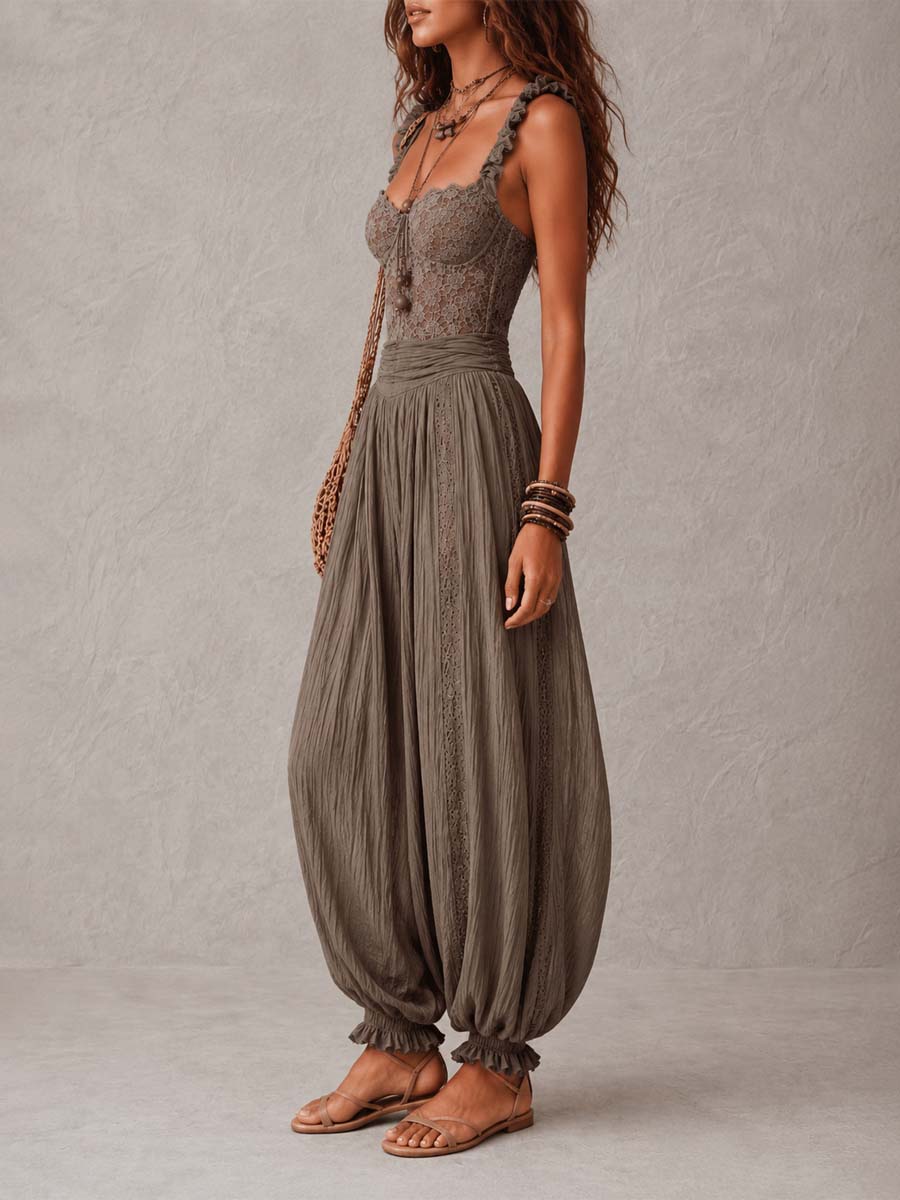 Grey lace sleeveless bodice with gathered harem pants, two-piece set (side view)