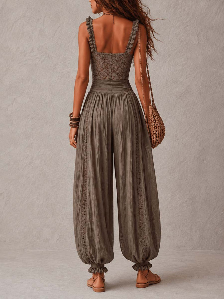 Grey vintage lace backless sleeveless bodice with gathered harem pants, two-piece set