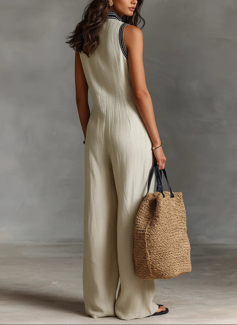 Beige sleeveless jumpsuit, wide-leg cut, side view