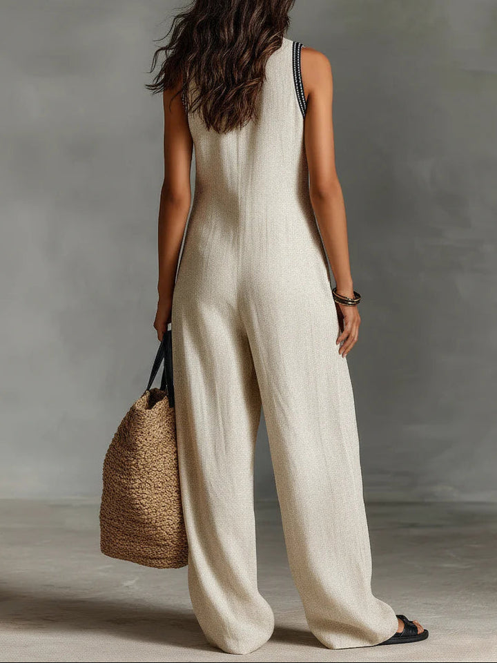 Beige sleeveless jumpsuit with wide legs, back view