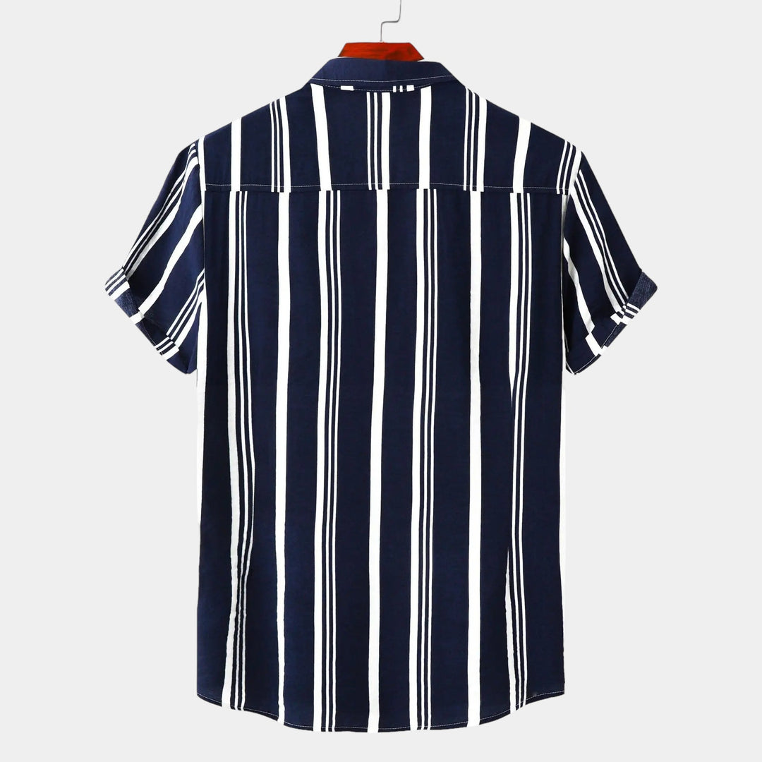 Navy blue short-sleeve striped shirt, back view, with white vertical stripes