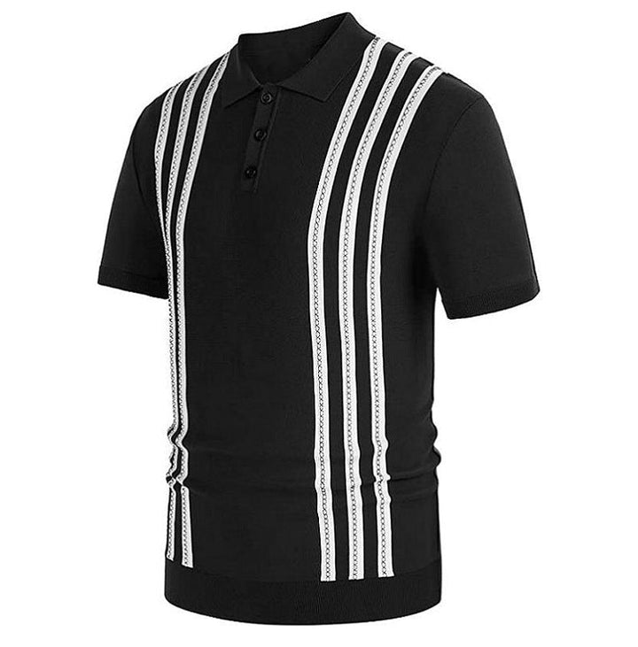 Black short-sleeve polo with vertical white striped panels, collared button front (side view)
