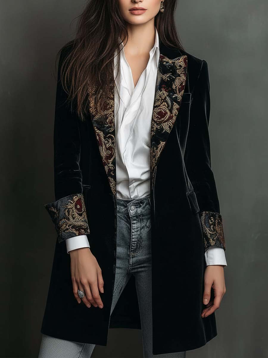 Vivienne | Black Velvet Baroque Longline Blazer