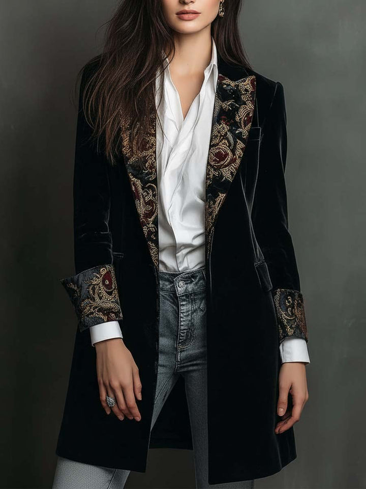 Vivienne | Black Velvet Baroque Longline Blazer