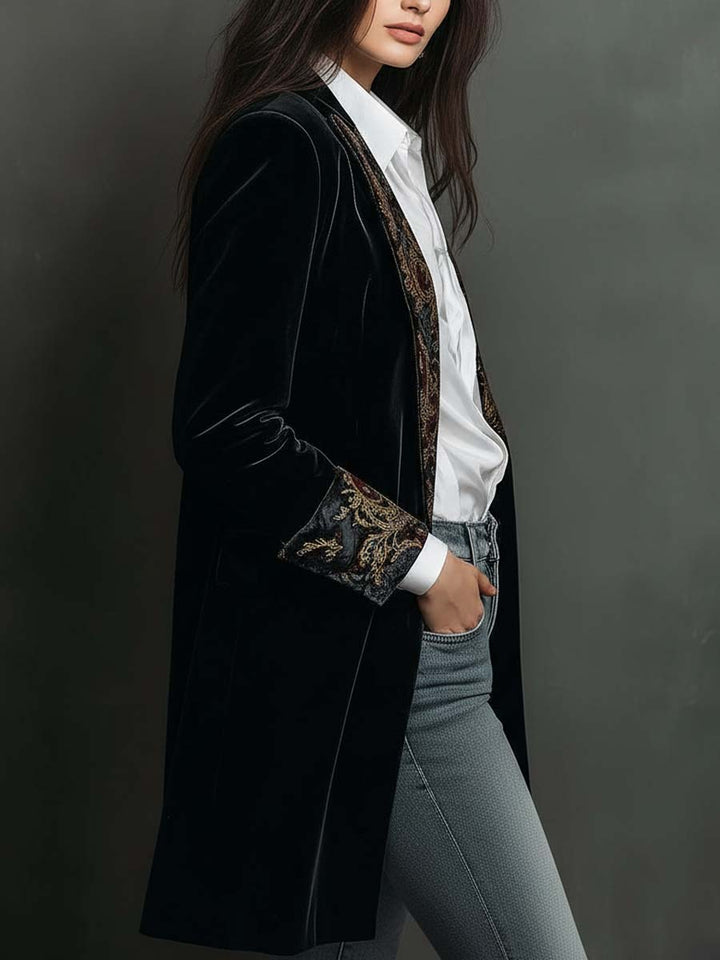 Vivienne | Black Velvet Baroque Longline Blazer