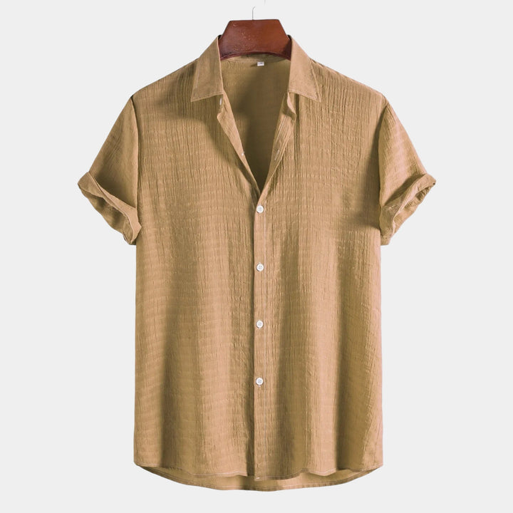 Khaki short-sleeve button-up summer shirt, collared with front buttons