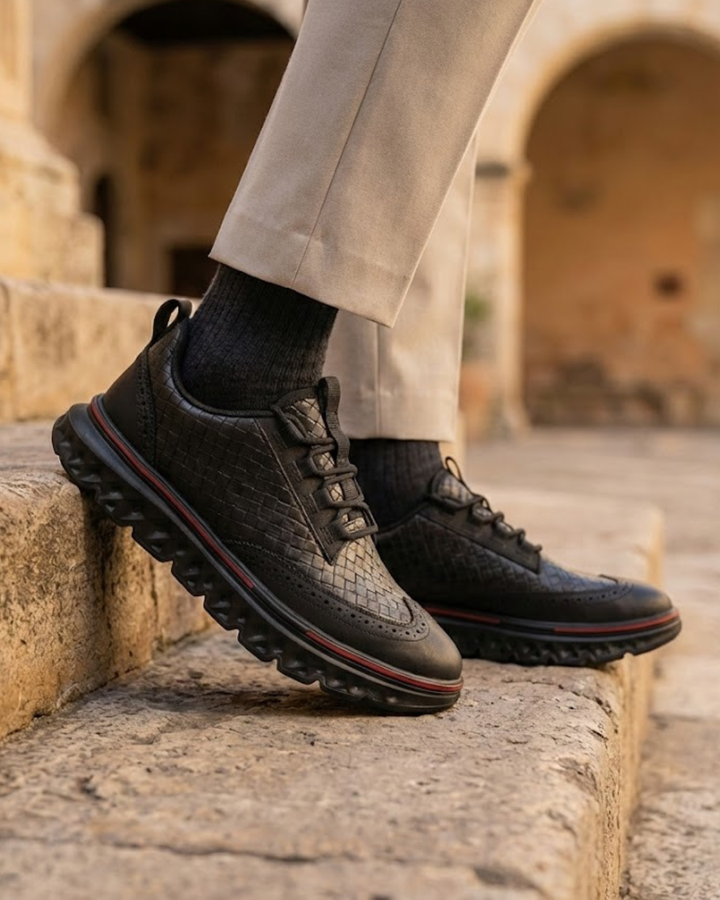 Black lace-up dress sneaker with woven texture, red trim, and chunky rubber outsole