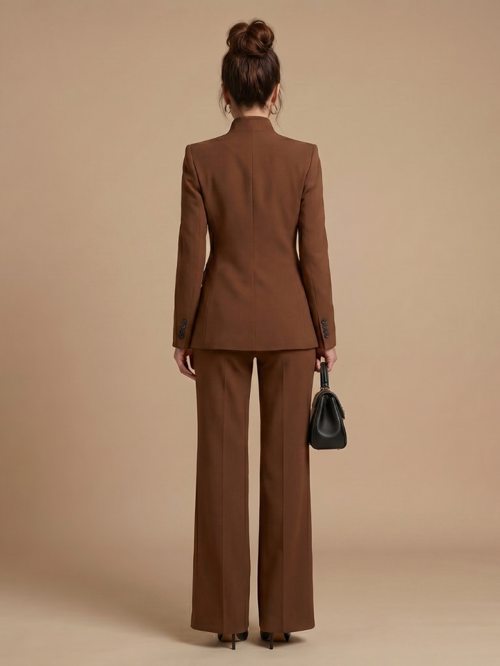 Women's belted blazer set in brown, back view with waist belt and matching wide-leg pants