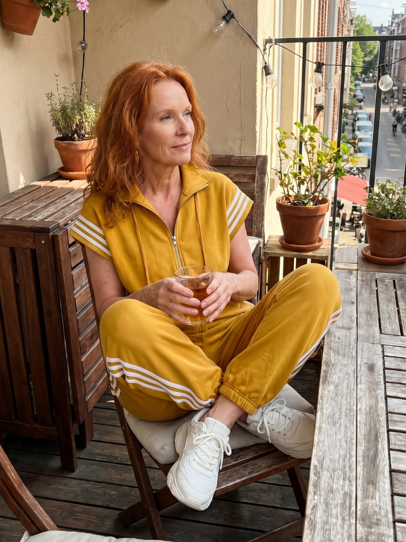 Women’s sleeveless zip-front jumpsuit in yellow with white striped sleeves and zipper