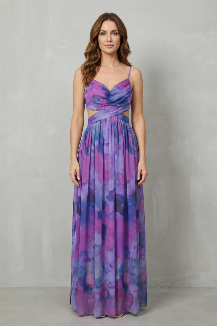 Purple watercolor sleeveless maxi dress with thin straps, sweetheart V-neck, ruched waist, long skirt