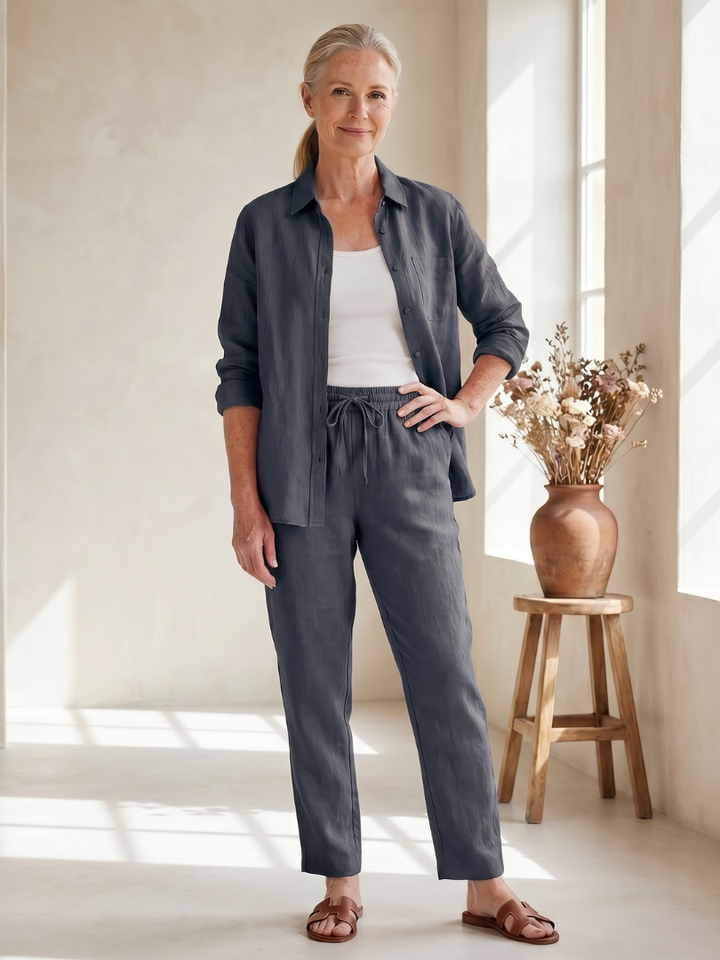 Navy button-front shirt and drawstring pants two-piece set