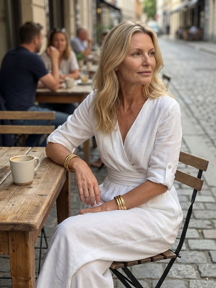 White wide-leg wrap jumpsuit with V-neck and tie waist, three-quarter sleeves