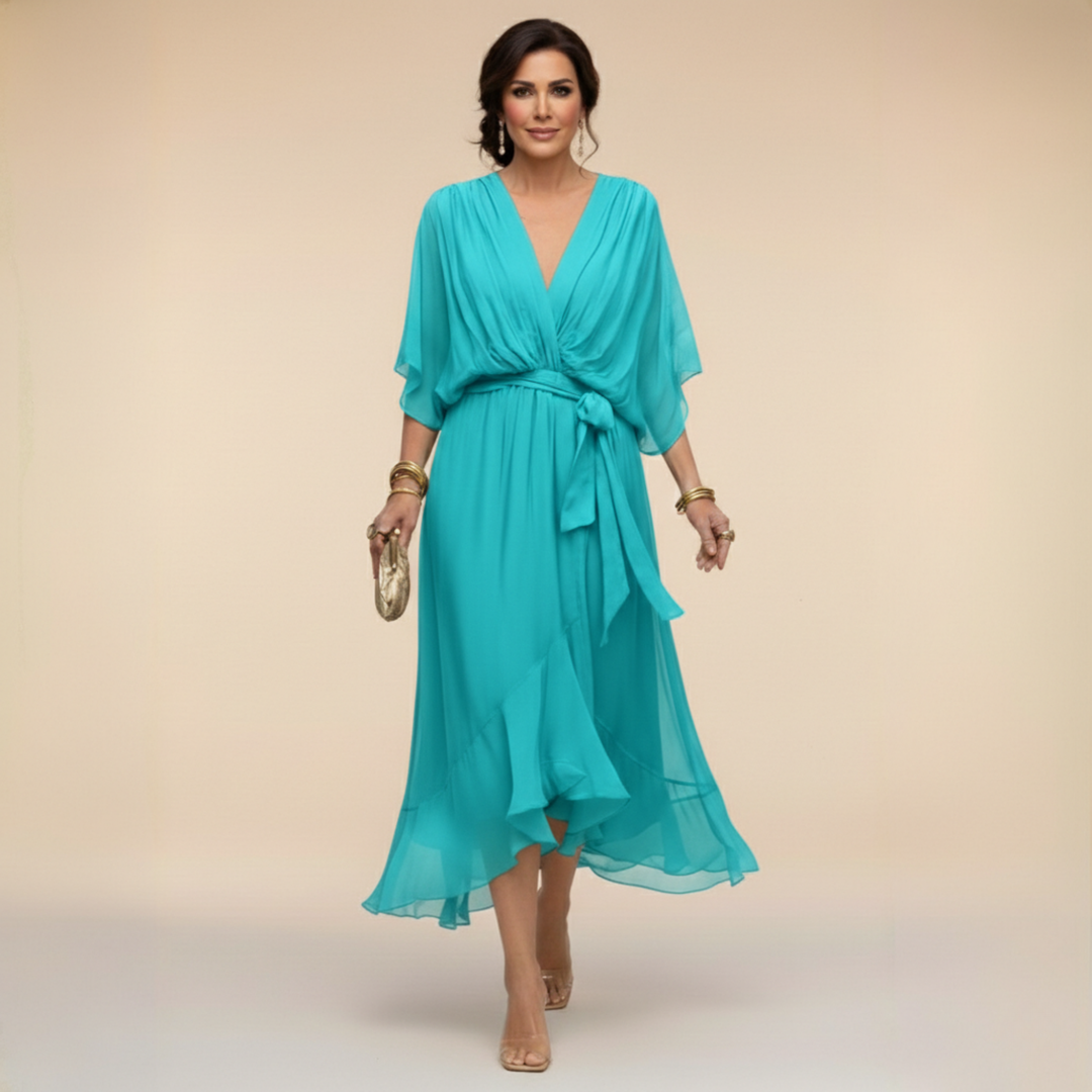 Teal V-neck wrap midi dress with waist tie and draped chiffon sleeves