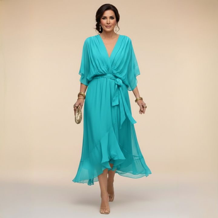 Teal V-neck wrap midi dress with waist tie and draped chiffon sleeves