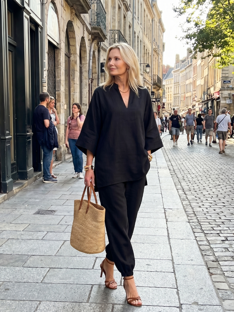 Black women’s V-neck two-piece set with loose tunic top and relaxed ankle pants, outdoor front