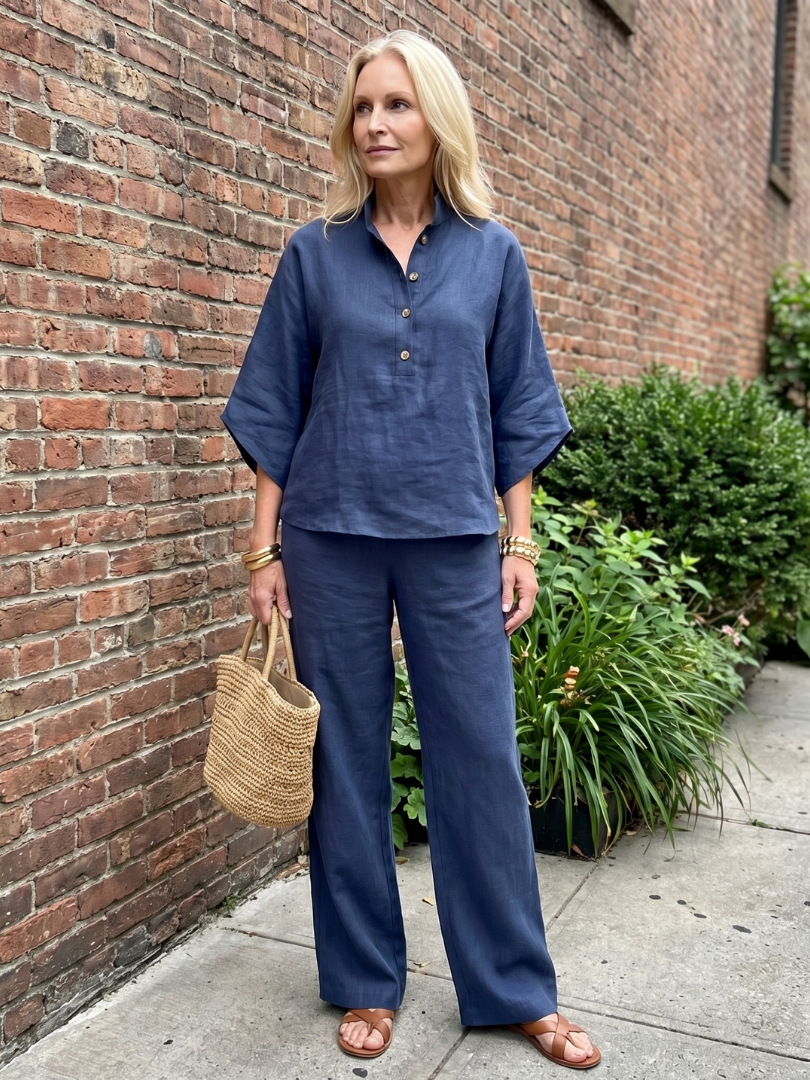 Navy button blouse and wide-leg pants set with gold front buttons, relaxed three-quarter sleeves.