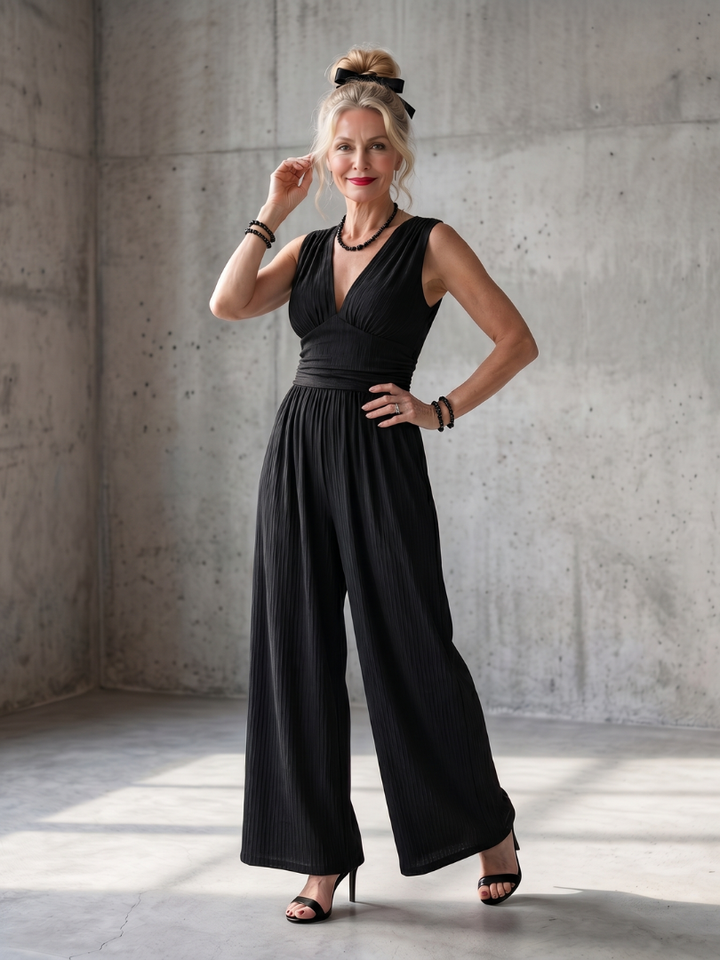 Black twist-front sleeveless jumpsuit with ruched waist and wide-leg pants