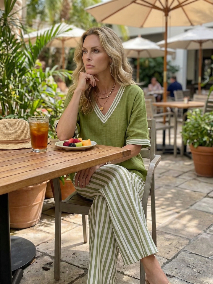 Green striped two-piece pants set with V-neck tunic and wide-leg striped pants
