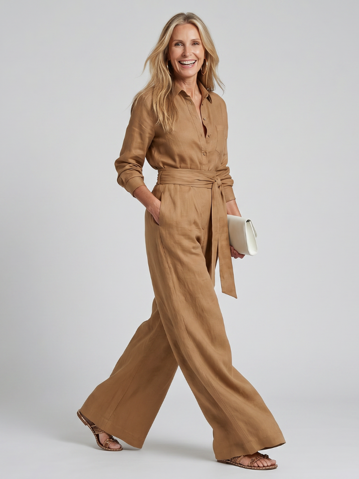 Khaki tie-waist jumpsuit with button-front and long sleeves