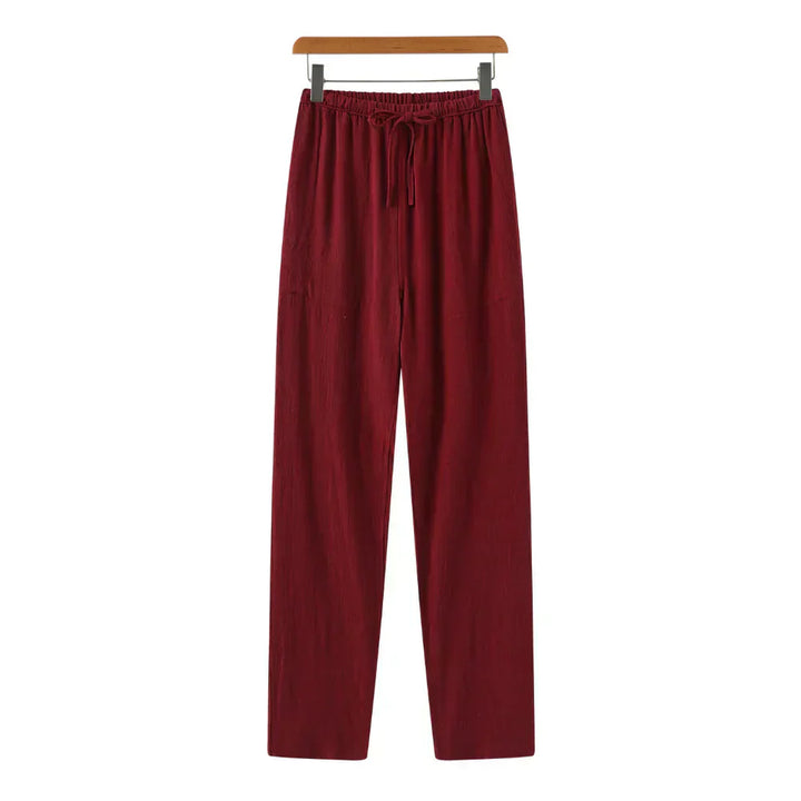 Ronald Marrakech linen pants, burgundy drawstring elastic waist, relaxed straight legs
