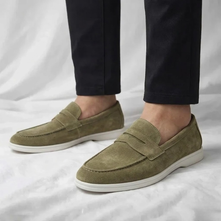 Men's suede loafers in olive green, slip-on design with white rubber sole