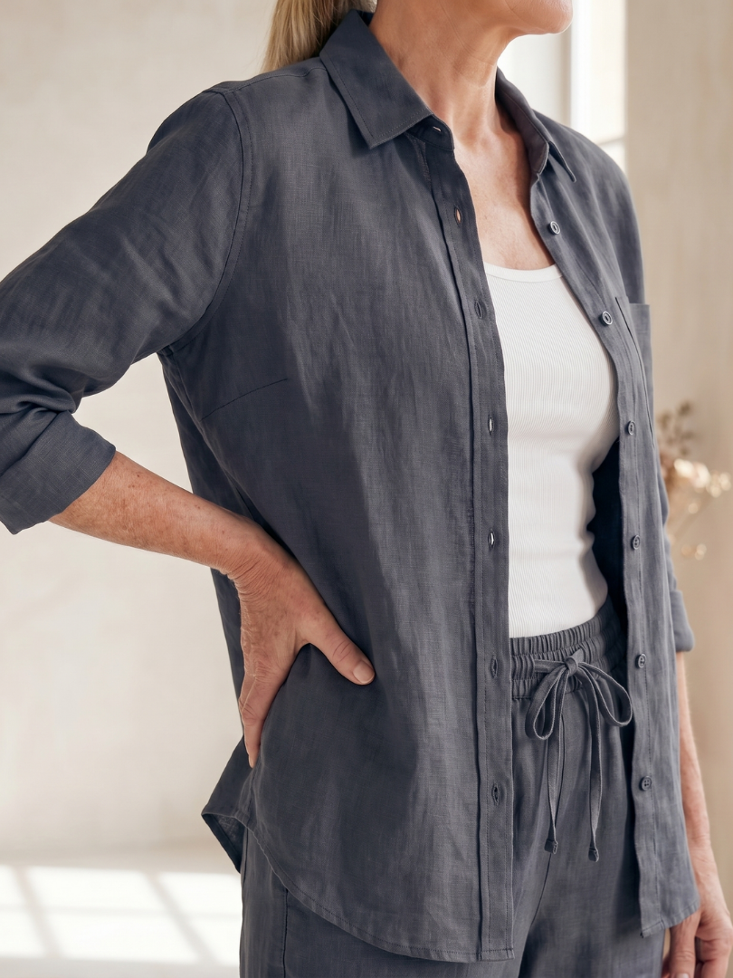 Button-front two-piece set, dark gray shirt and drawstring waist pants