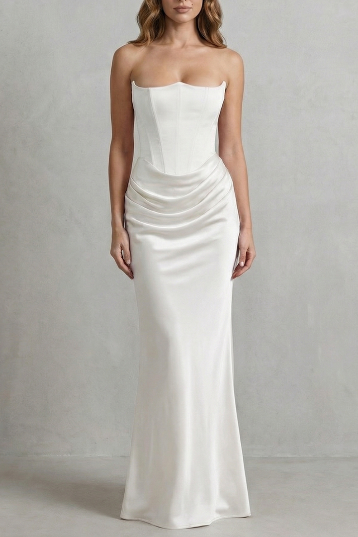 White strapless corset maxi dress with gathered waist detail