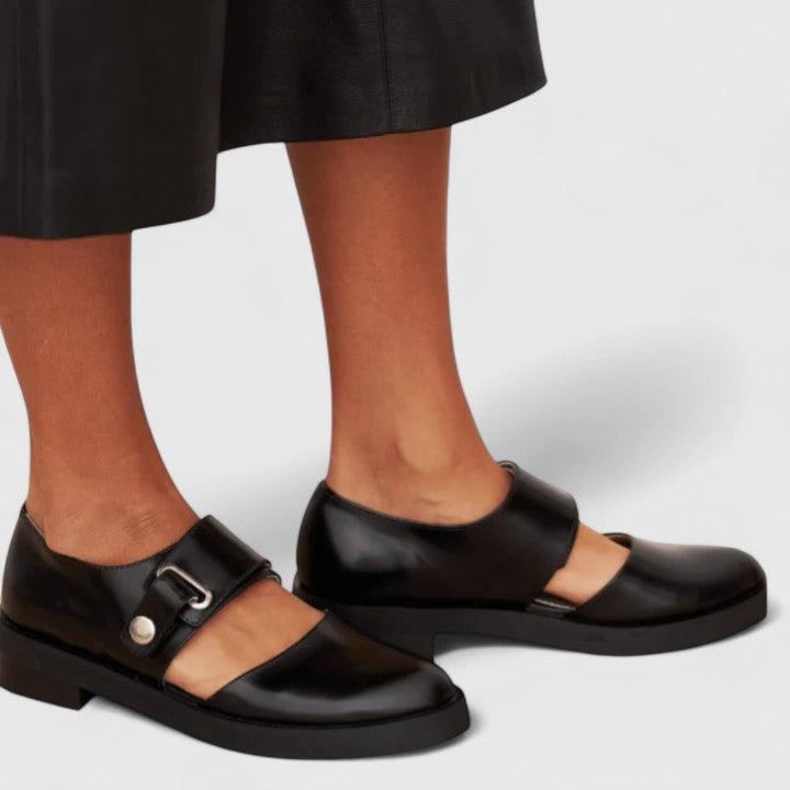 Black buckle strap slide flats with low block heel