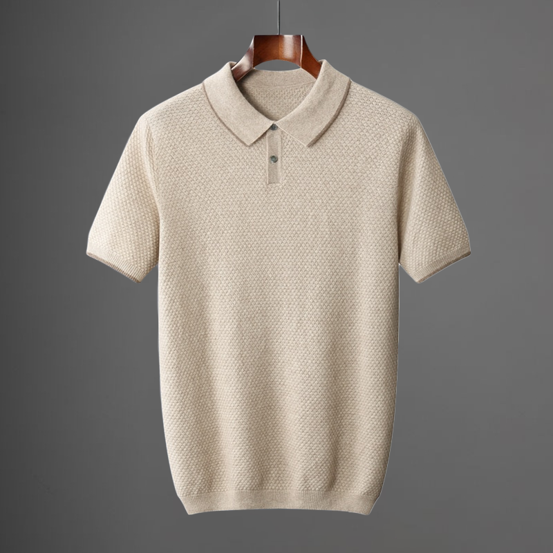 Beige knit polo shirt with ribbed collar and button placket