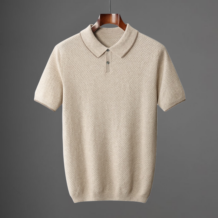 Beige knit polo shirt with ribbed collar and button placket