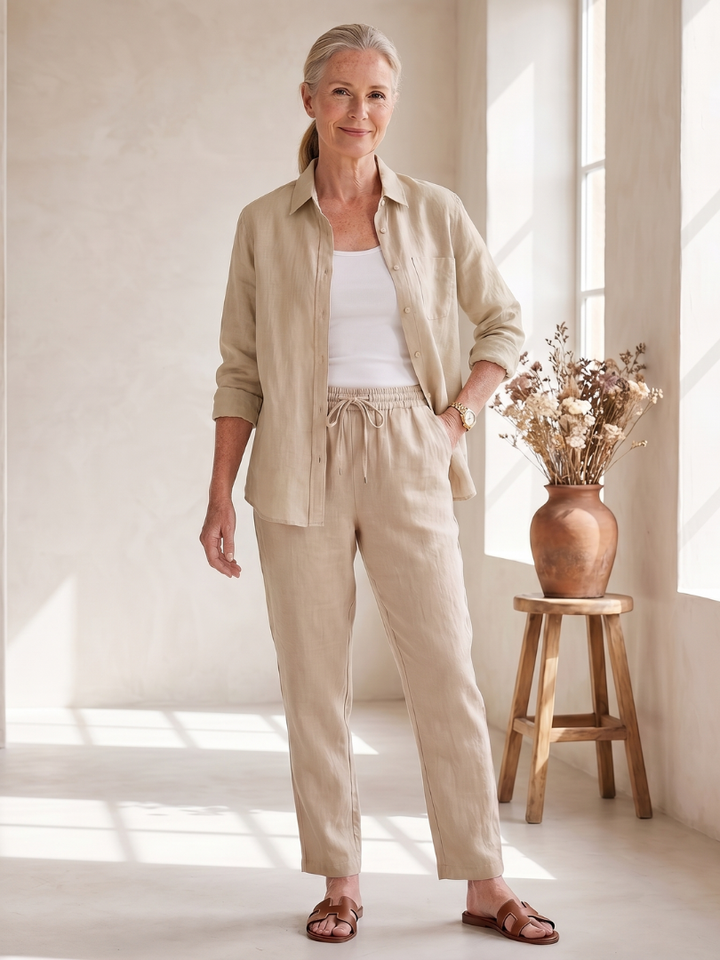 Button-front two-piece set in beige: button shirt and drawstring waist pants