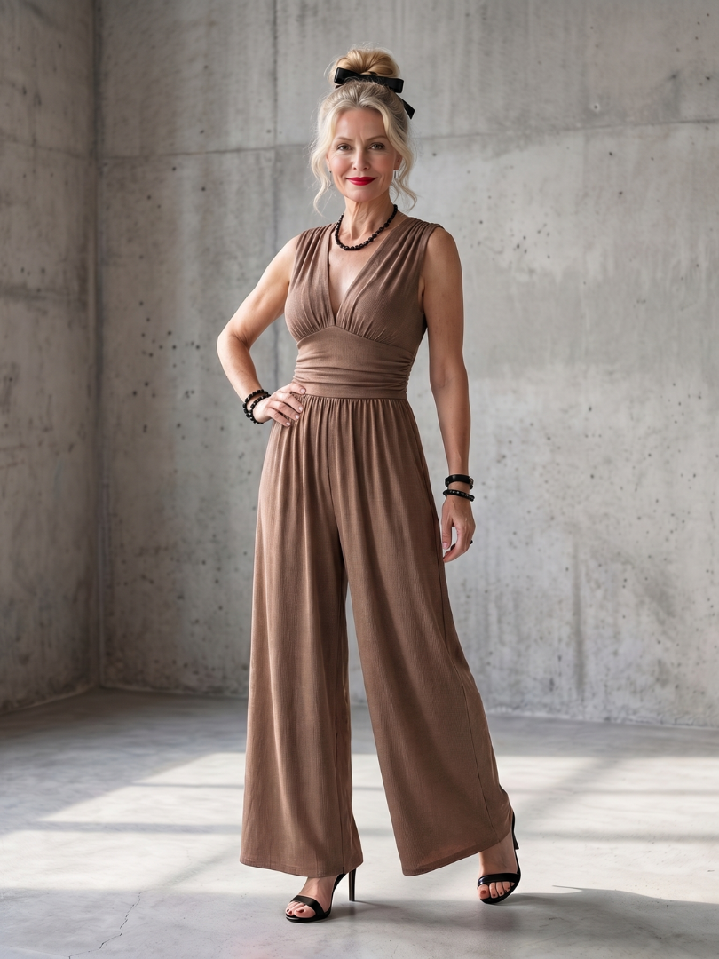 Taupe twist-front sleeveless jumpsuit with V-neck and wide-leg pants, ankle length