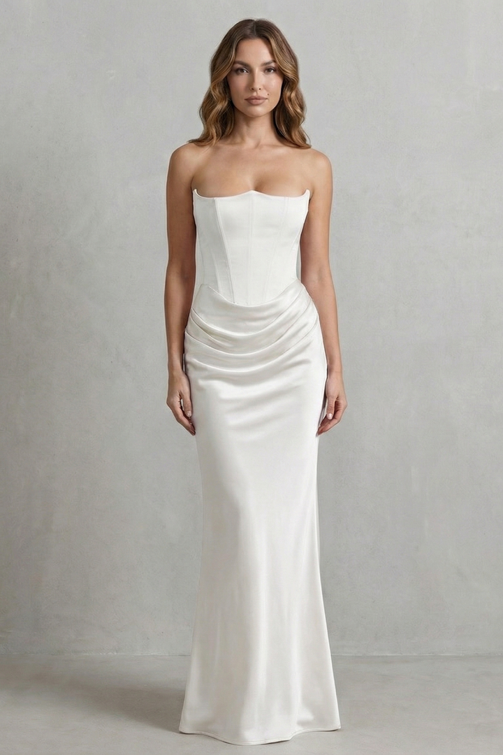 White strapless corset maxi dress, draped bust and ruched waist