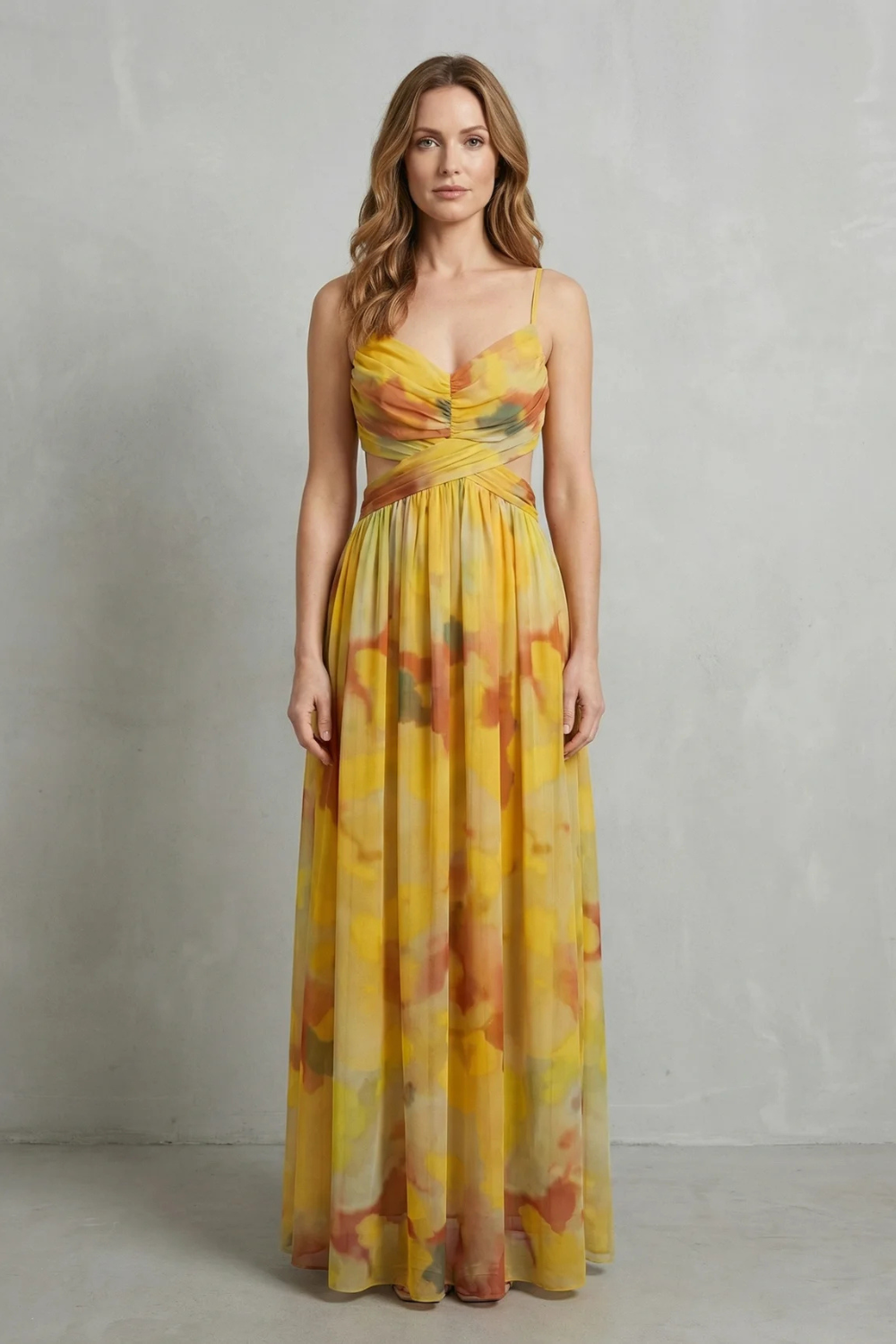 Mustard-yellow watercolor sleeveless maxi dress with V-neck ruched bust and pleated skirt