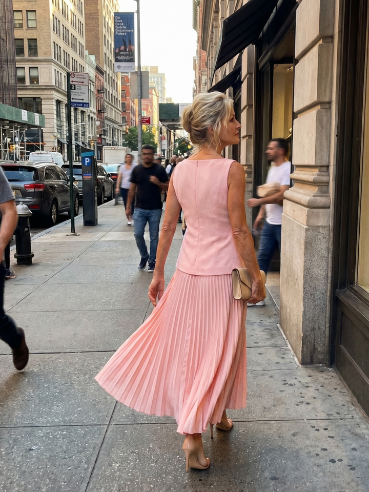 Sleeveless pleated two-piece set with pink top and pleated midi skirt