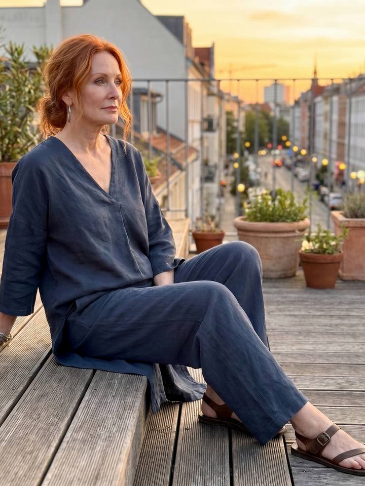 Blue linen two-piece set with V-neck blouse and wide-leg pants, shown seated