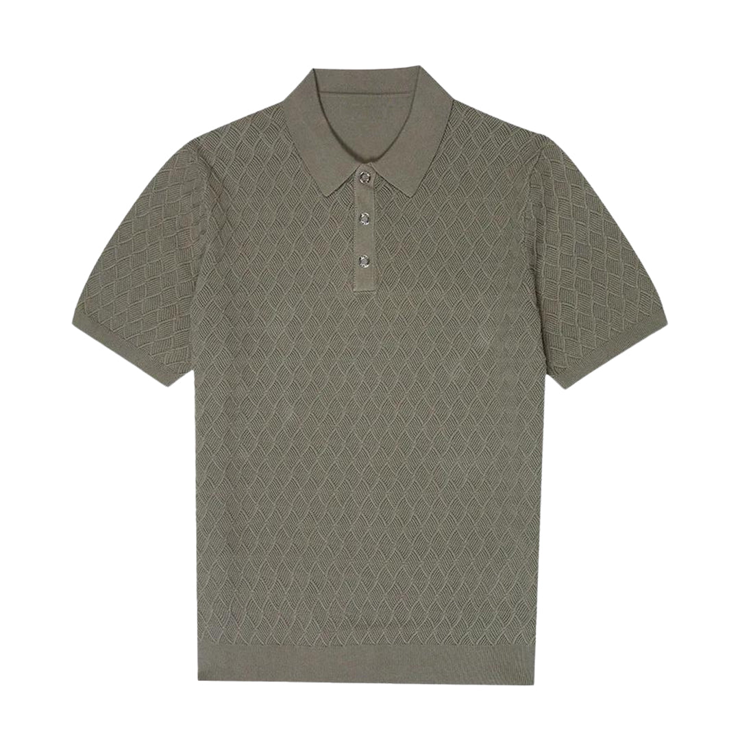 Olive slim-fit polo shirt, diamond knit pattern, short sleeves, button placket