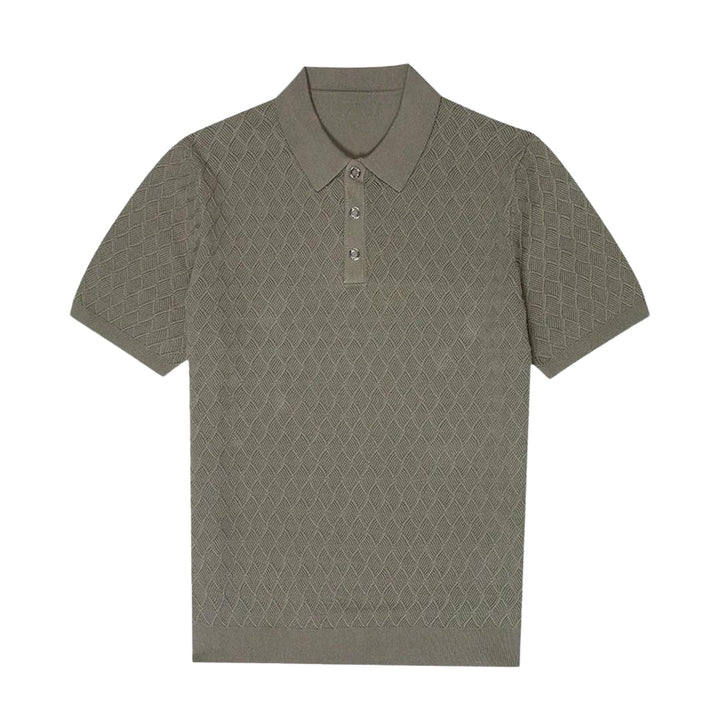 Olive slim-fit polo shirt, diamond knit pattern, short sleeves, button placket