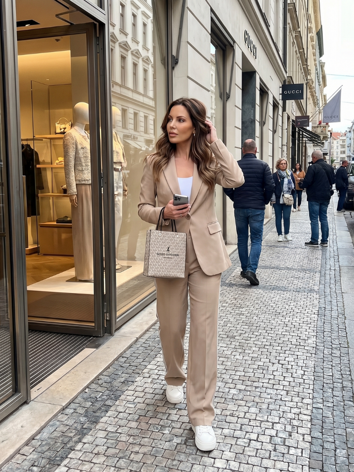 Beige women's blazer set, long jacket and tailored pants, worn with tote bag
