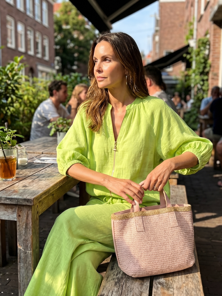 Women’s 2-piece pants set in lime green, puff sleeves blouse with zip, wide-leg pants