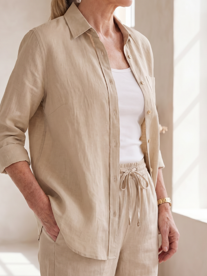 Button-front two-piece set, light tan shirt and drawstring waist pants