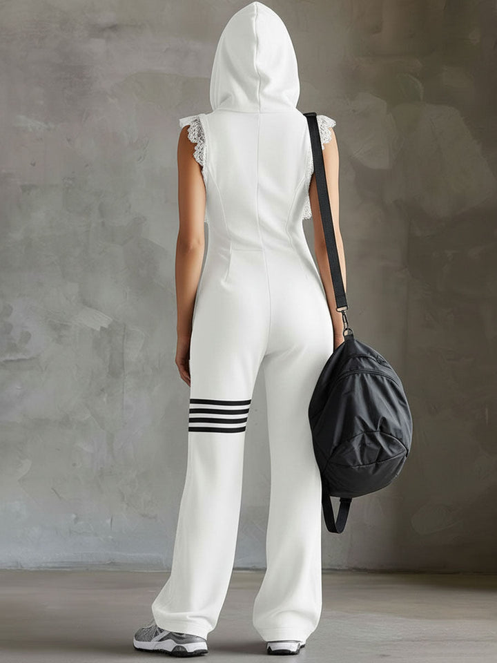 White zip-front hooded jumpsuit from back view with lace-trim shoulders and striped cuffs