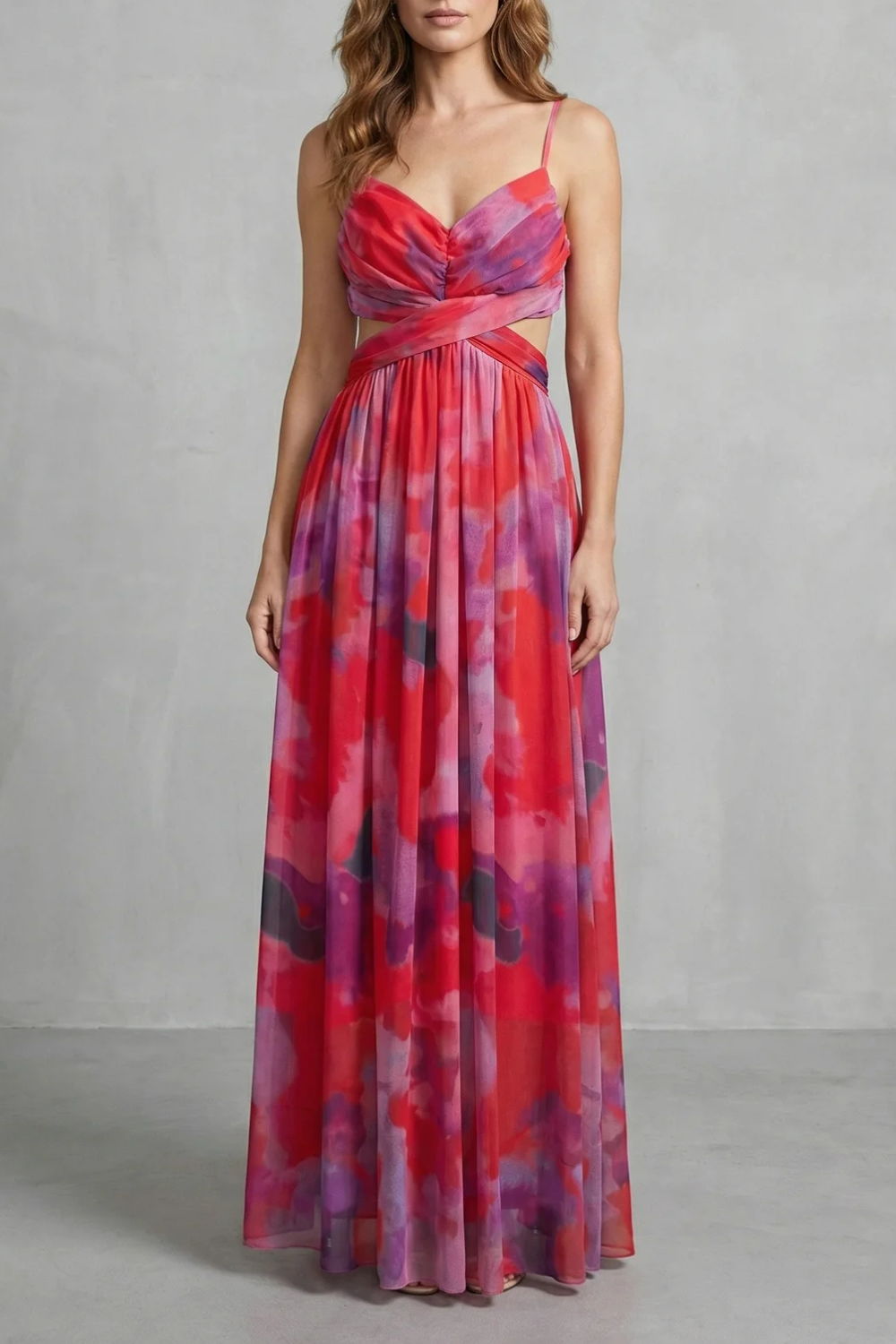 Red and purple watercolor sleeveless maxi dress with V-neck ruched bodice and gathered skirt