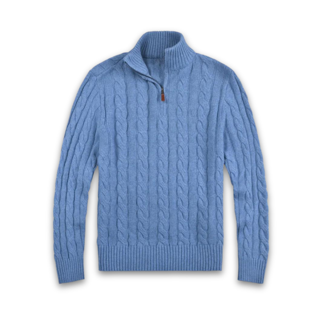 Light blue cable-knit half-zip pullover with ribbed neck, cuffs, and hem