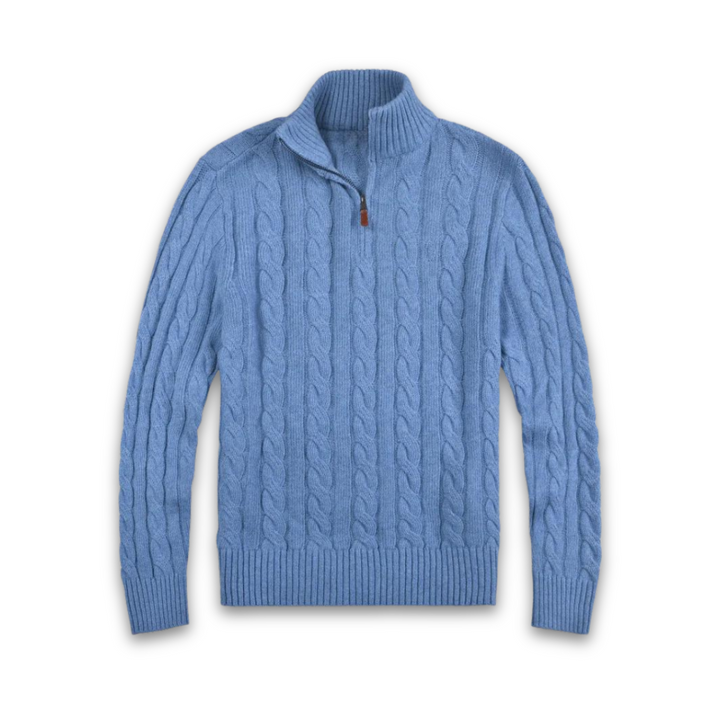 Light blue cable-knit half-zip pullover with ribbed neck, cuffs, and hem