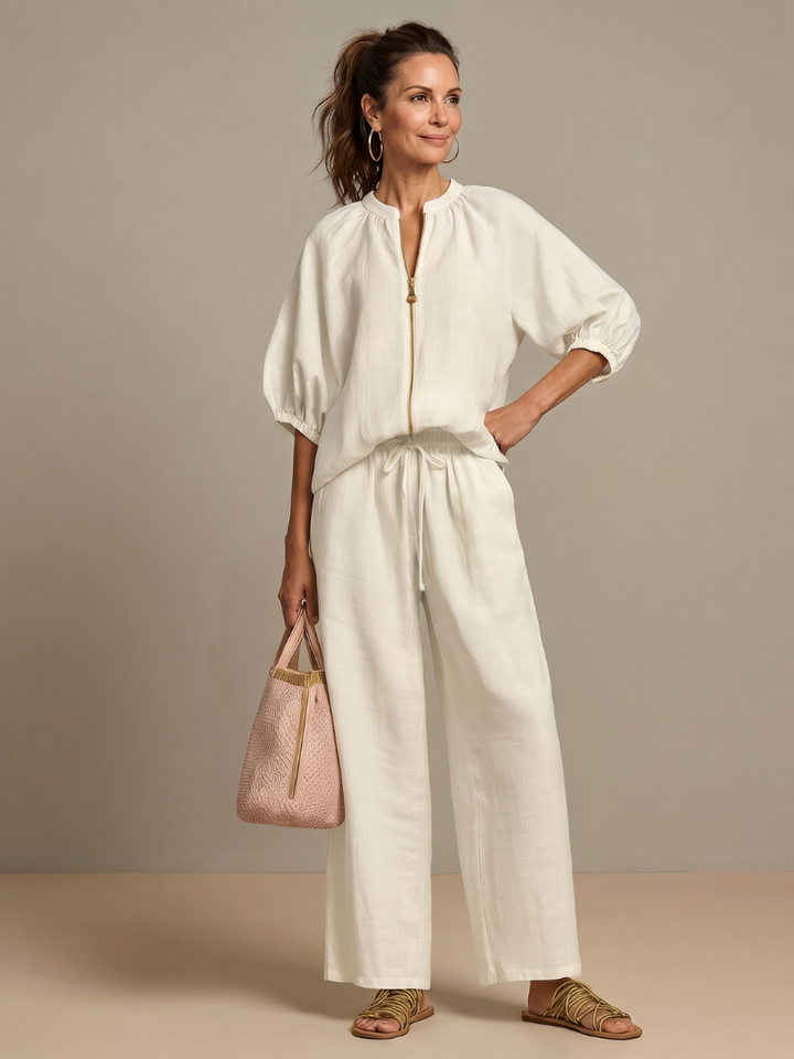 Women’s 2-piece pants set in white, puff sleeves blouse with front zip, wide-leg trousers