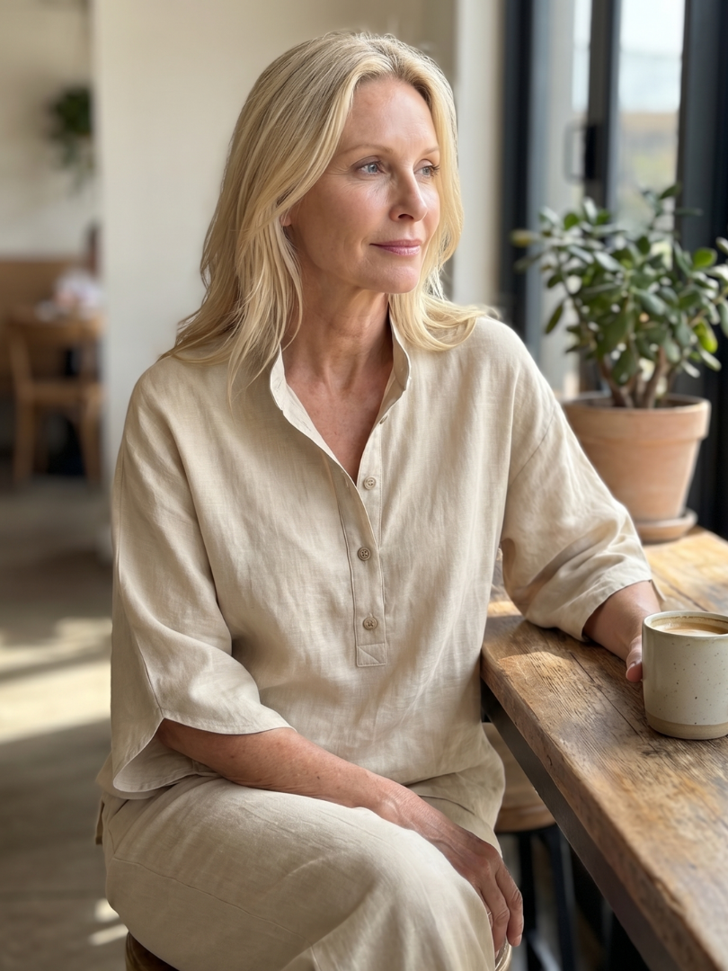 Beige button-up blouse and matching trousers, collared V neck