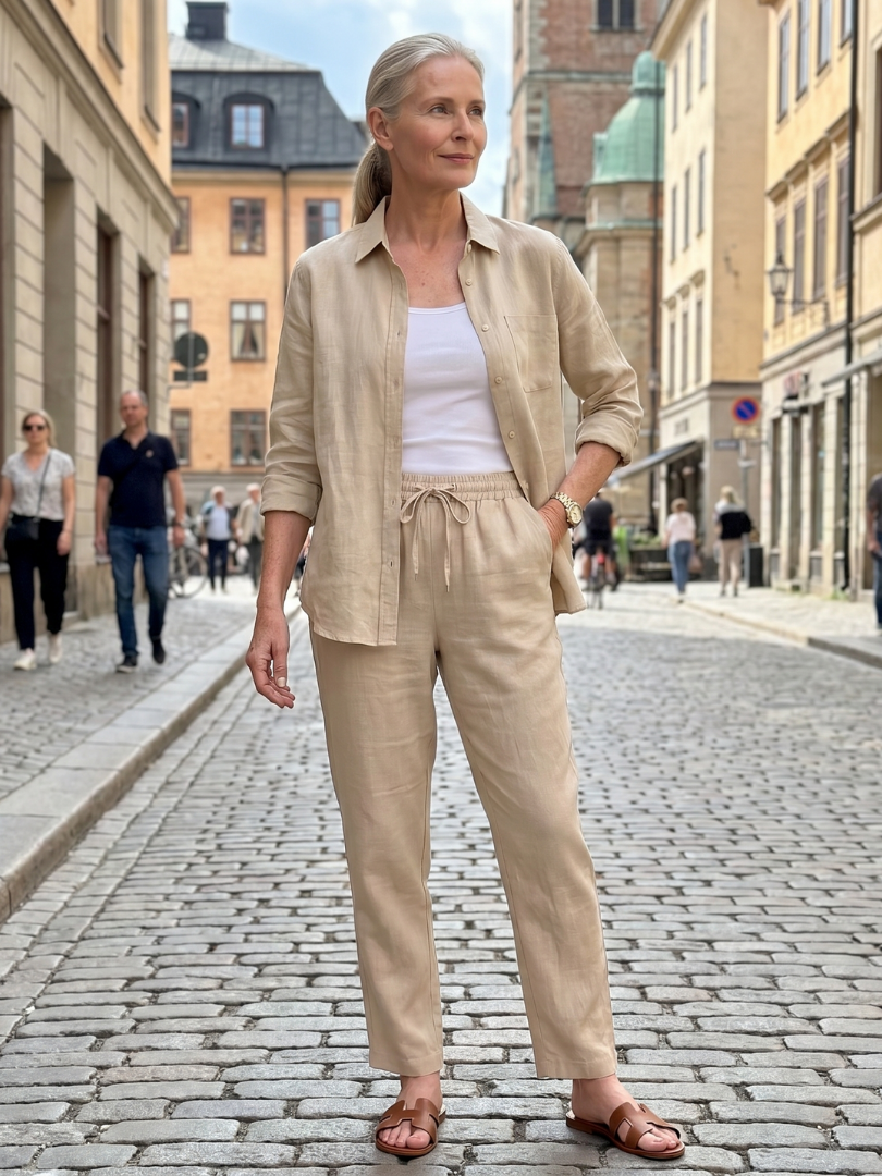 Button-front two-piece set, tan button shirt and drawstring waist pants