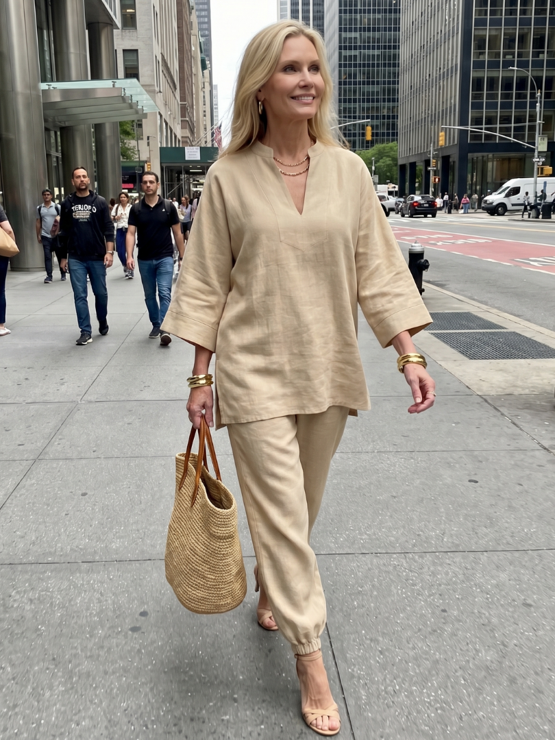 Women's beige v-neck two-piece set, three-quarter sleeve tunic top and cuffed jogger pants