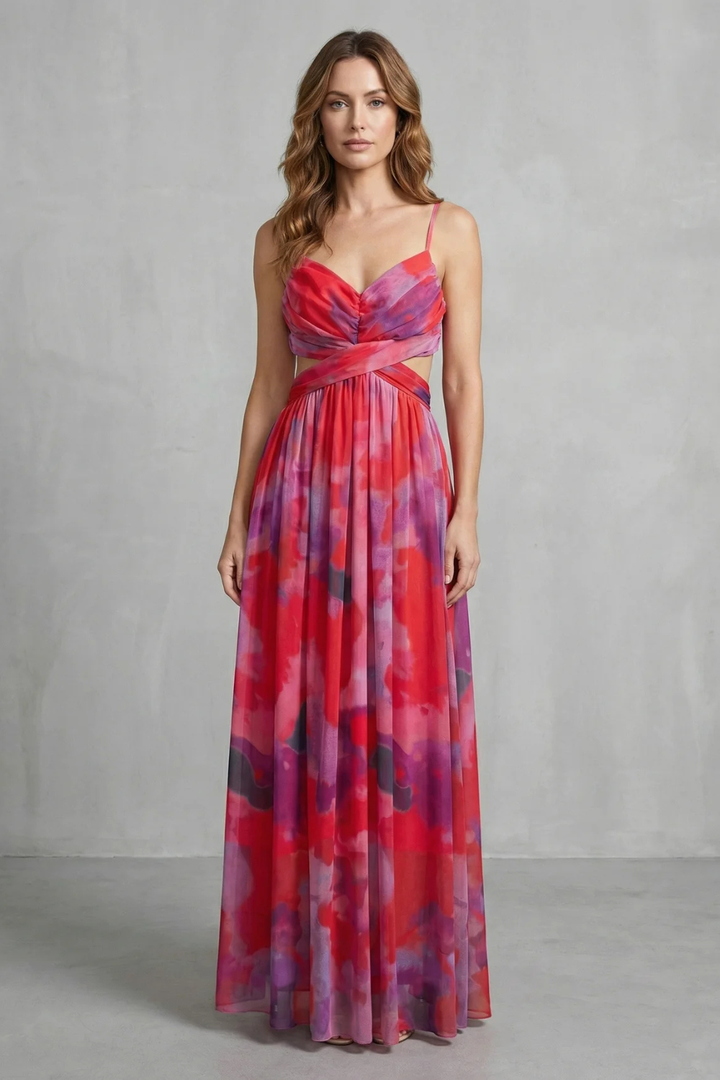 Red and purple watercolor sleeveless maxi dress with V-neck ruched bodice and pleated skirt